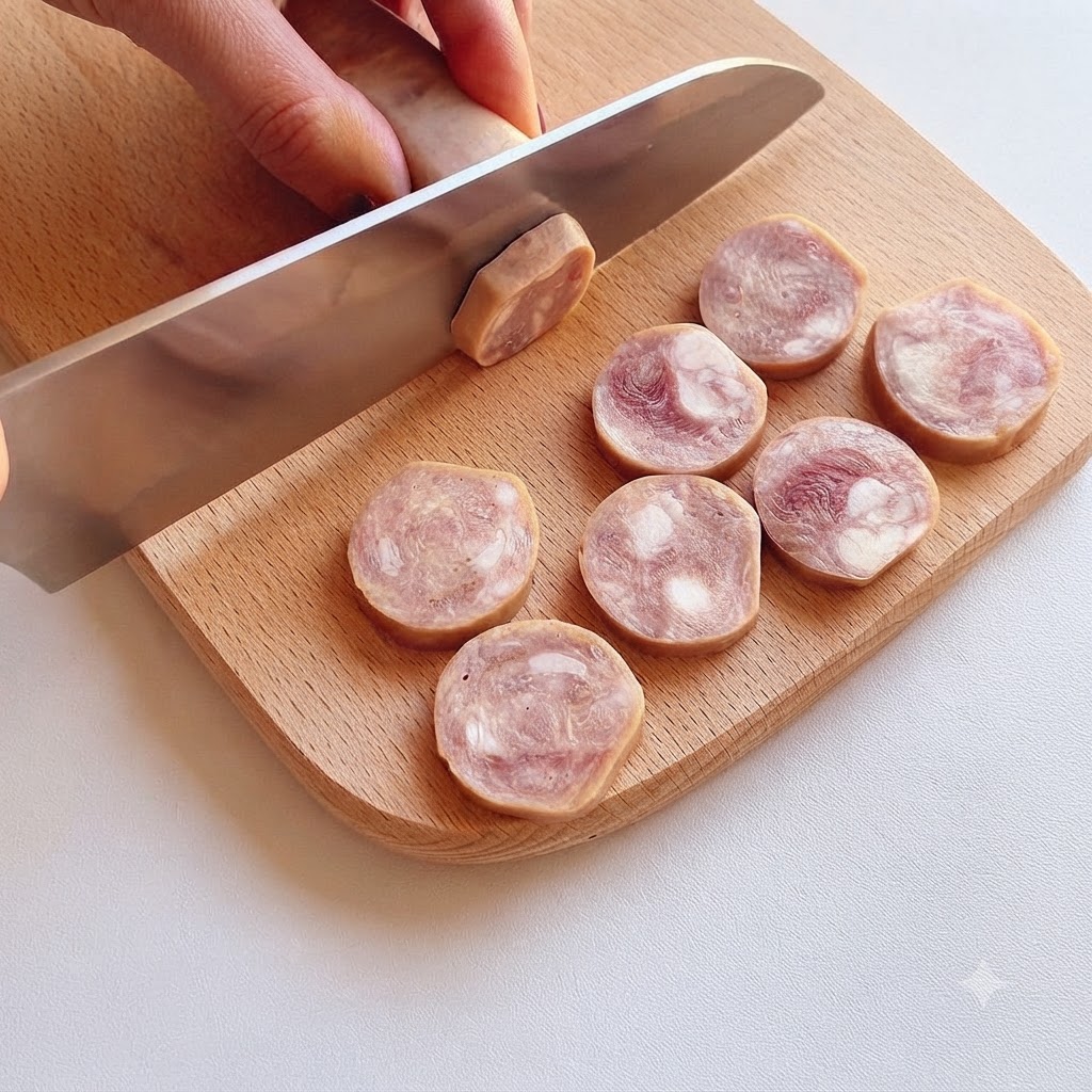 Saucisses découpées en rondelles régulières sur une planche à découper en bois.