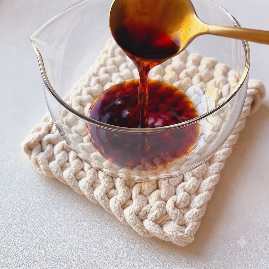 Ingrédients de la sauce sombre versés et mélangés dans un bol en verre.