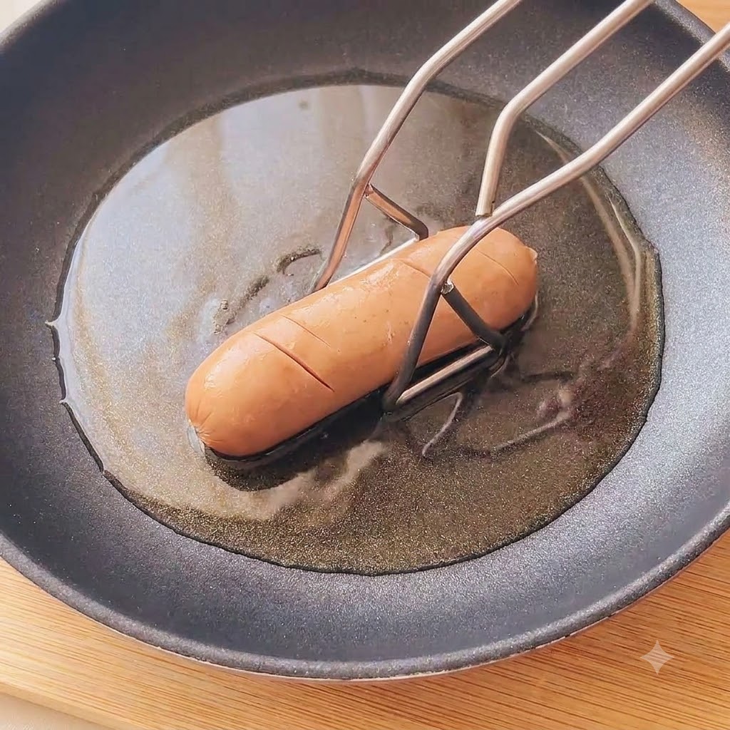 Saucisses entières incisées en train de frire dans lhuile chaude dune poêle.