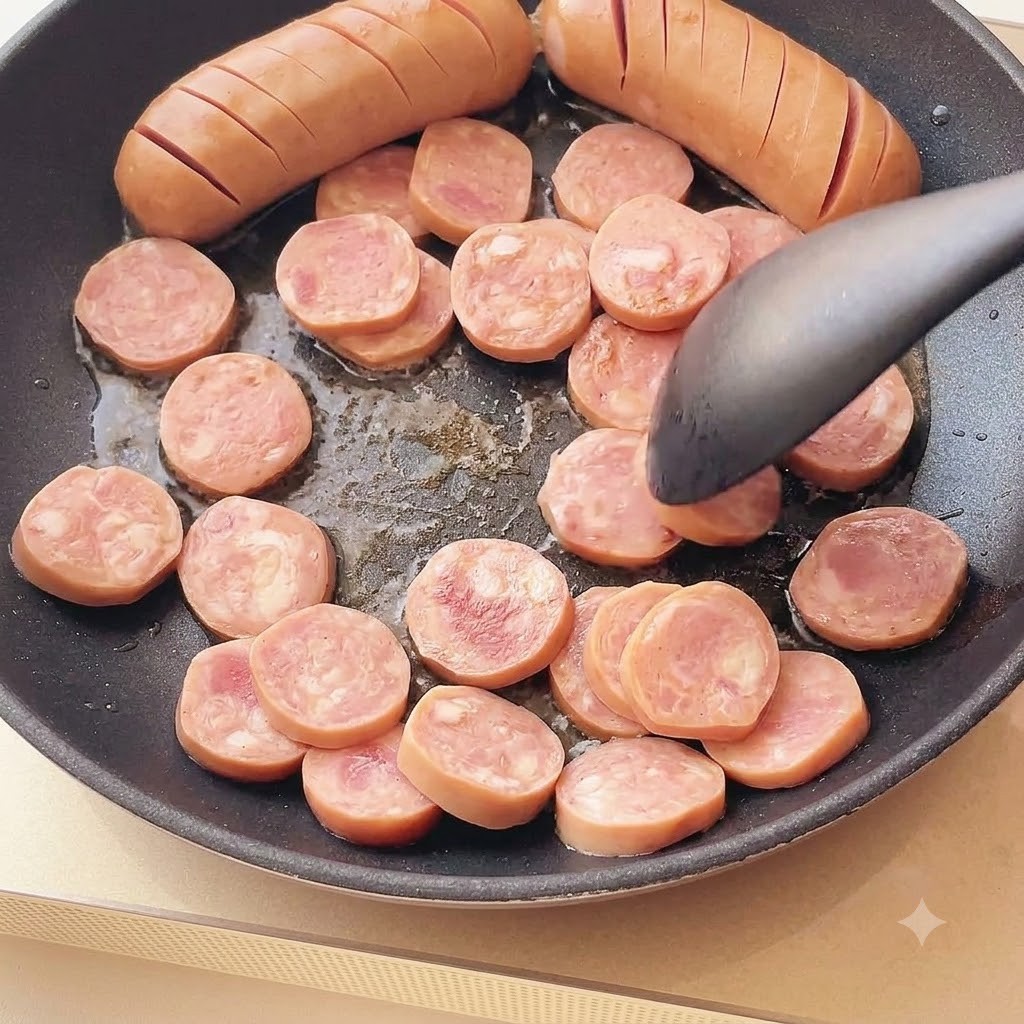 Tranches de saucisses dorant dans une poêle huilée accompagnées de deux saucisses entières incisées.