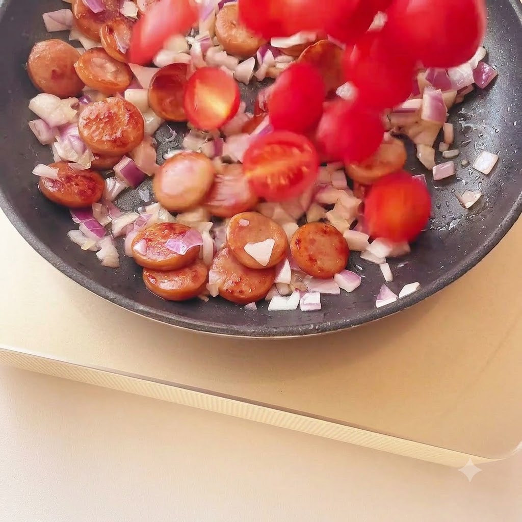 Moitiés de tomates cerises tombant dans la poêle sur les oignons cuits et les tranches de saucisse.