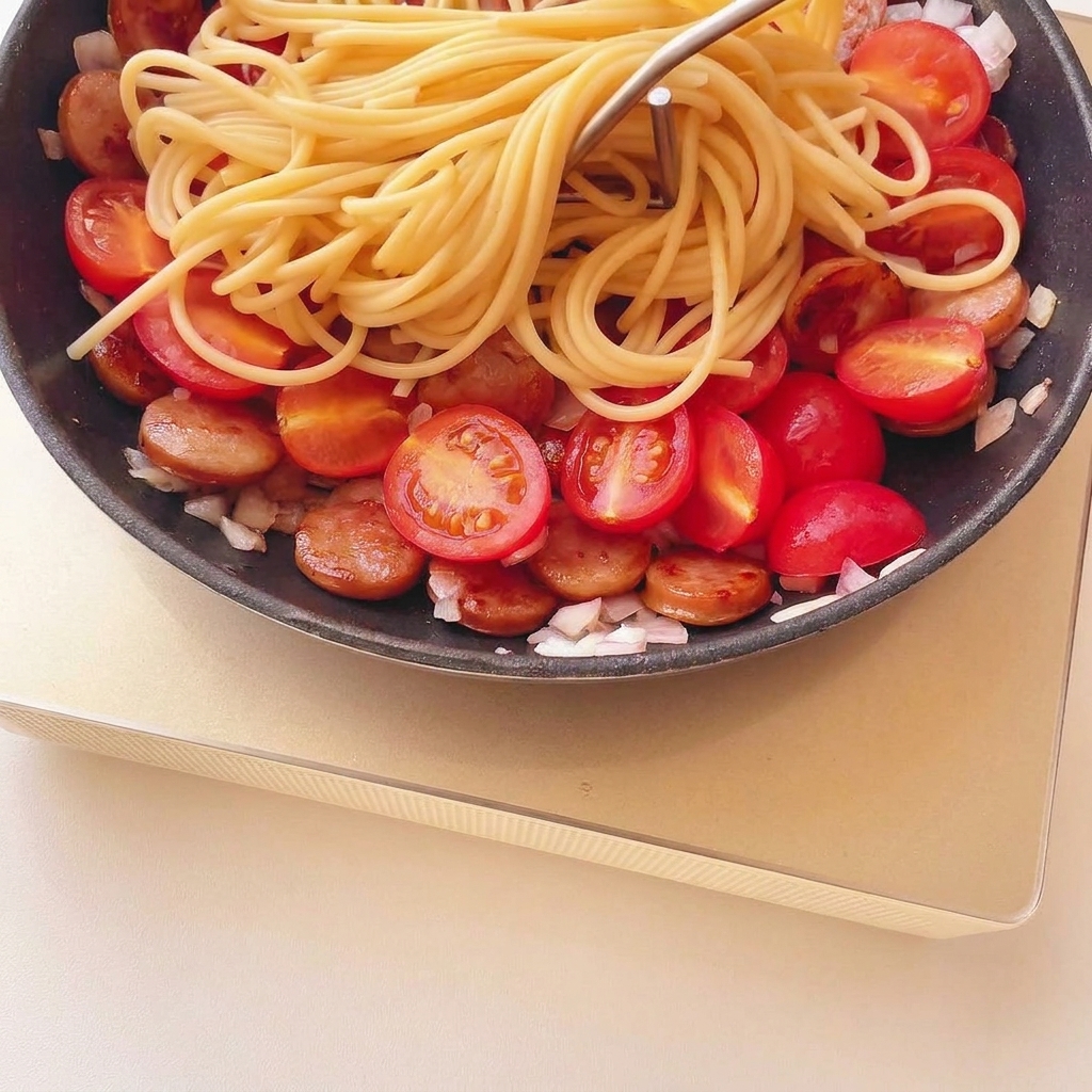 Spaghettis reposant sur le mélange de tomates et de saucisses dans une poêle.