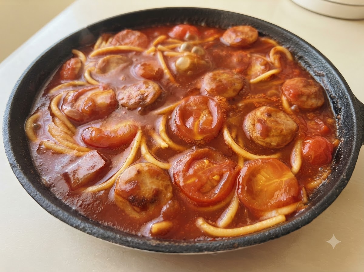 Sauce rouge riche frémissant avec des spaghettis, des rondelles de saucisse et des tomates dans une poêle.