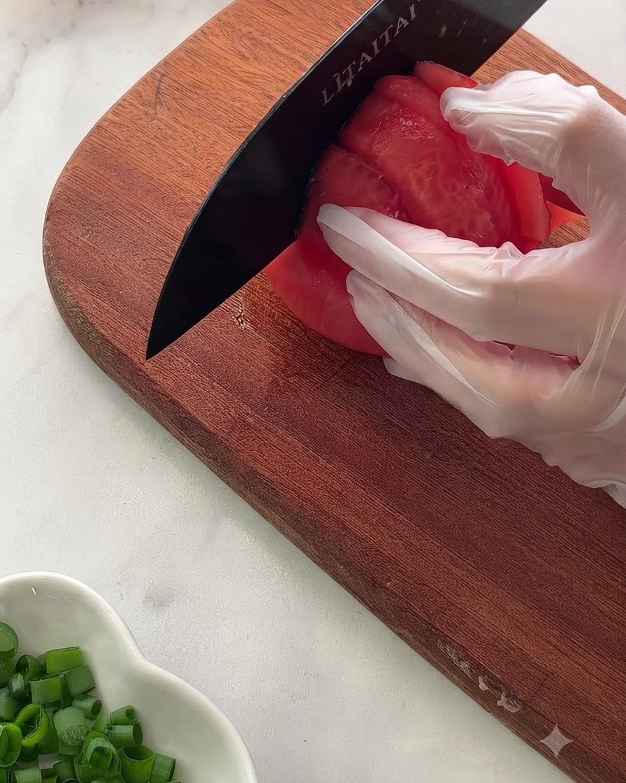Une main portant un gant protecteur tient une tomate pelée sur une planche à découper en bois pendant quelle est coupée avec un couteau noir.
