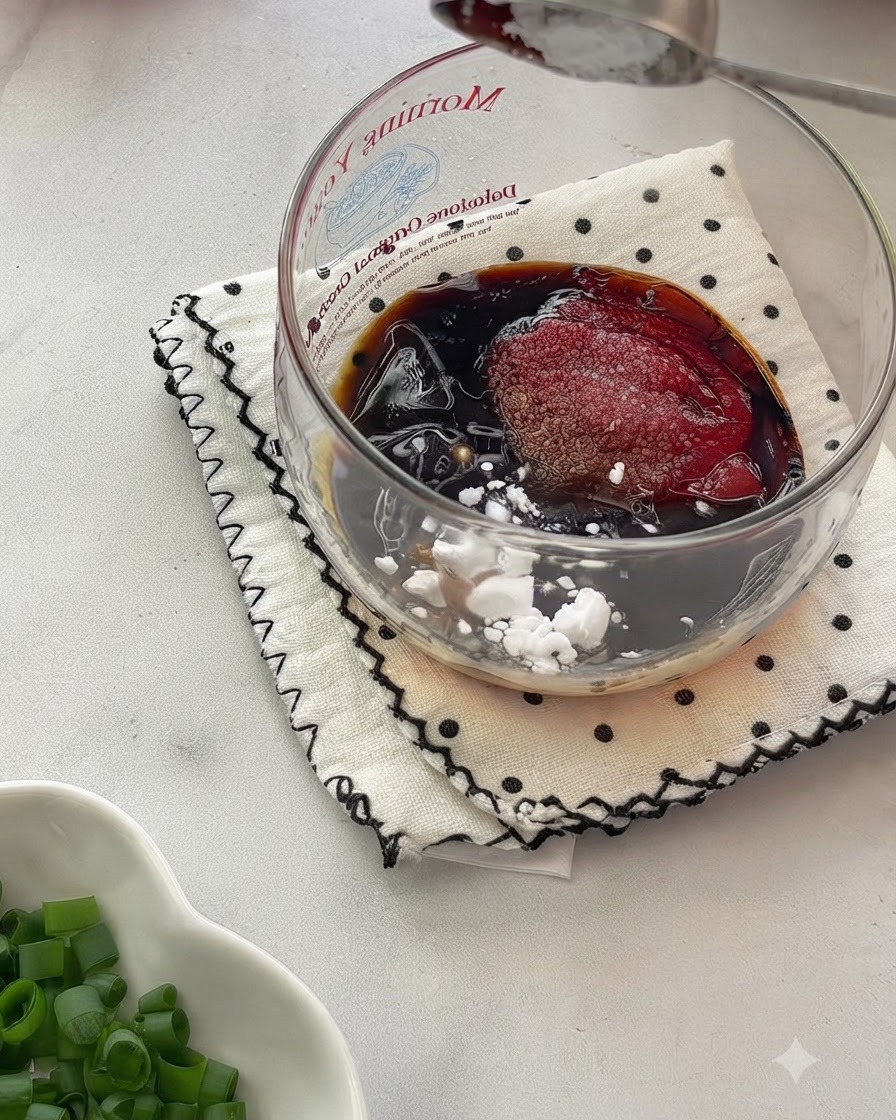 Une cuillère remuant un mélange de sauce liquide dans un bol en verre placé sur une surface en tissu à motifs.