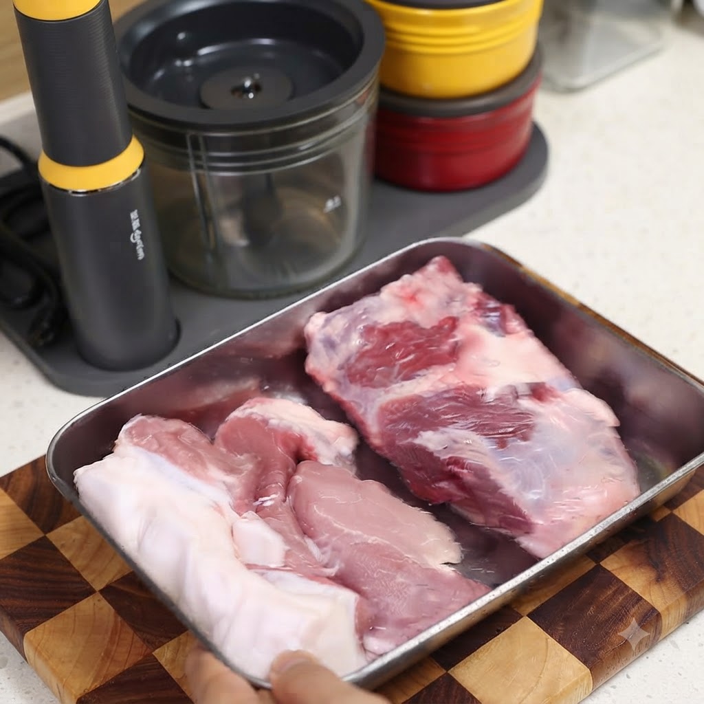 Morceaux de porc cru disposés sur un plateau près dune planche à découper et dustensiles de cuisine.