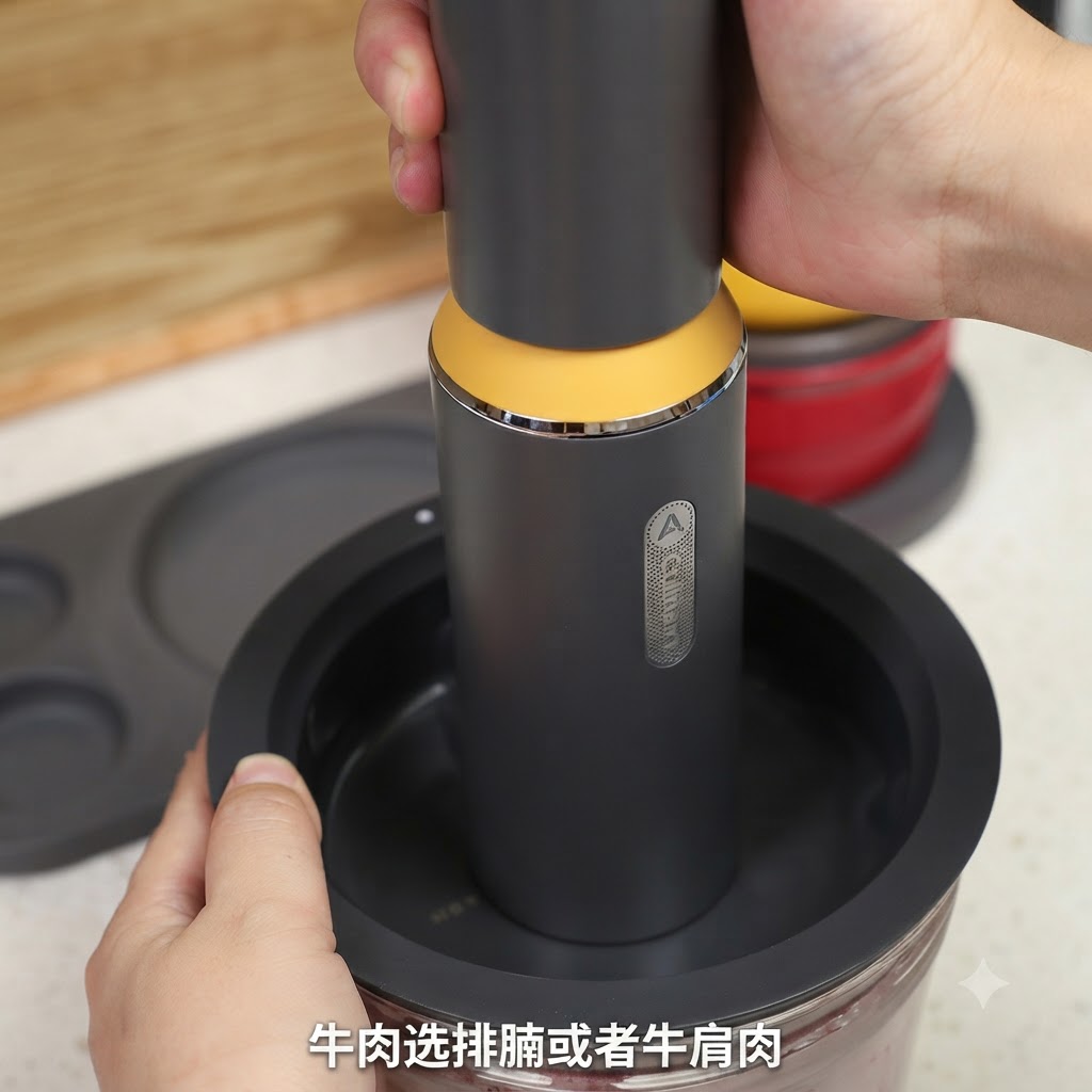 Morceaux de viande hachée dans le bol dun robot culinaire.