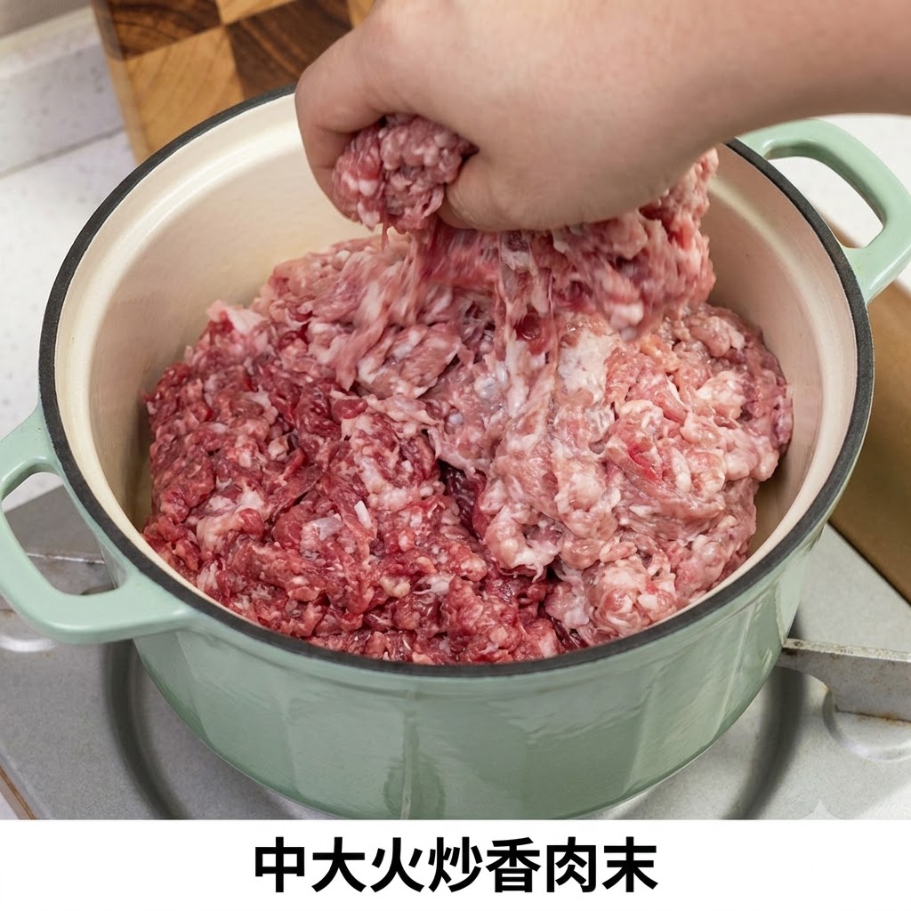 Viande hachée ajoutée et sautée dans une marmite verte sur la cuisinière.