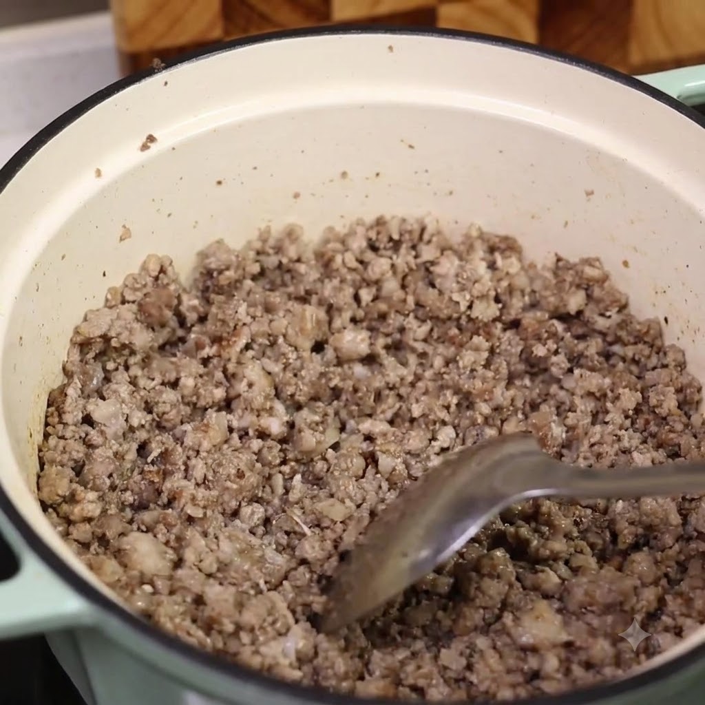 Une spatule retirant la viande cuite dune marmite, révélant les sucs dorés au fond.