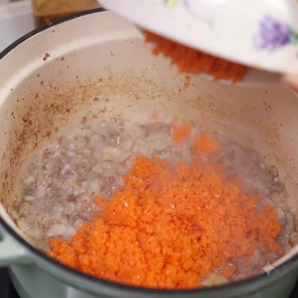 Carottes coupées versées dune assiette blanche dans la marmite contenant le mélange daromates.