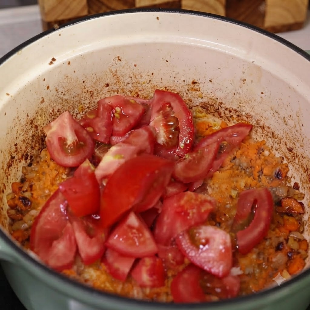 Quartiers de tomates fraîches et concentré de tomates ajoutés dans la marmite sur le mélange de légumes et de viande.
