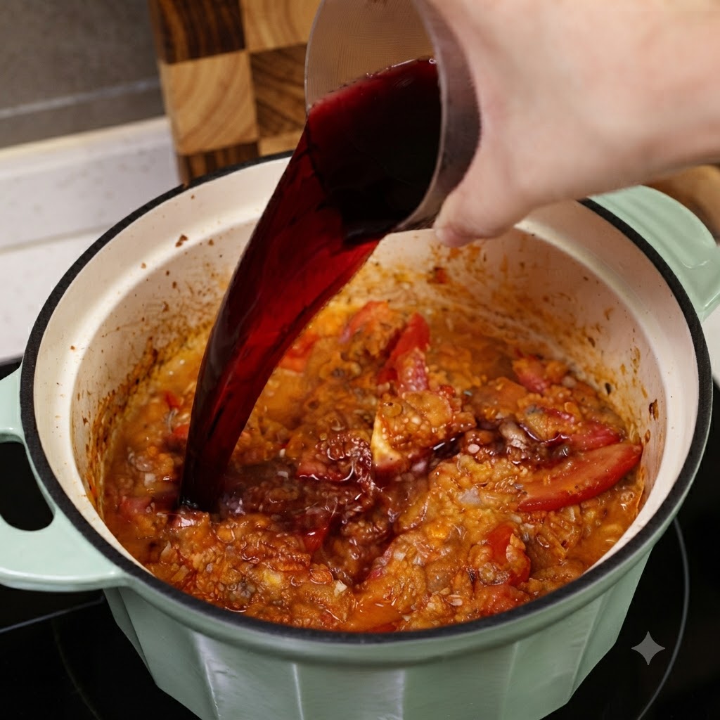 Vin rouge sec versé dun verre doseur dans la marmite avec le mélange de tomates et de viande.
