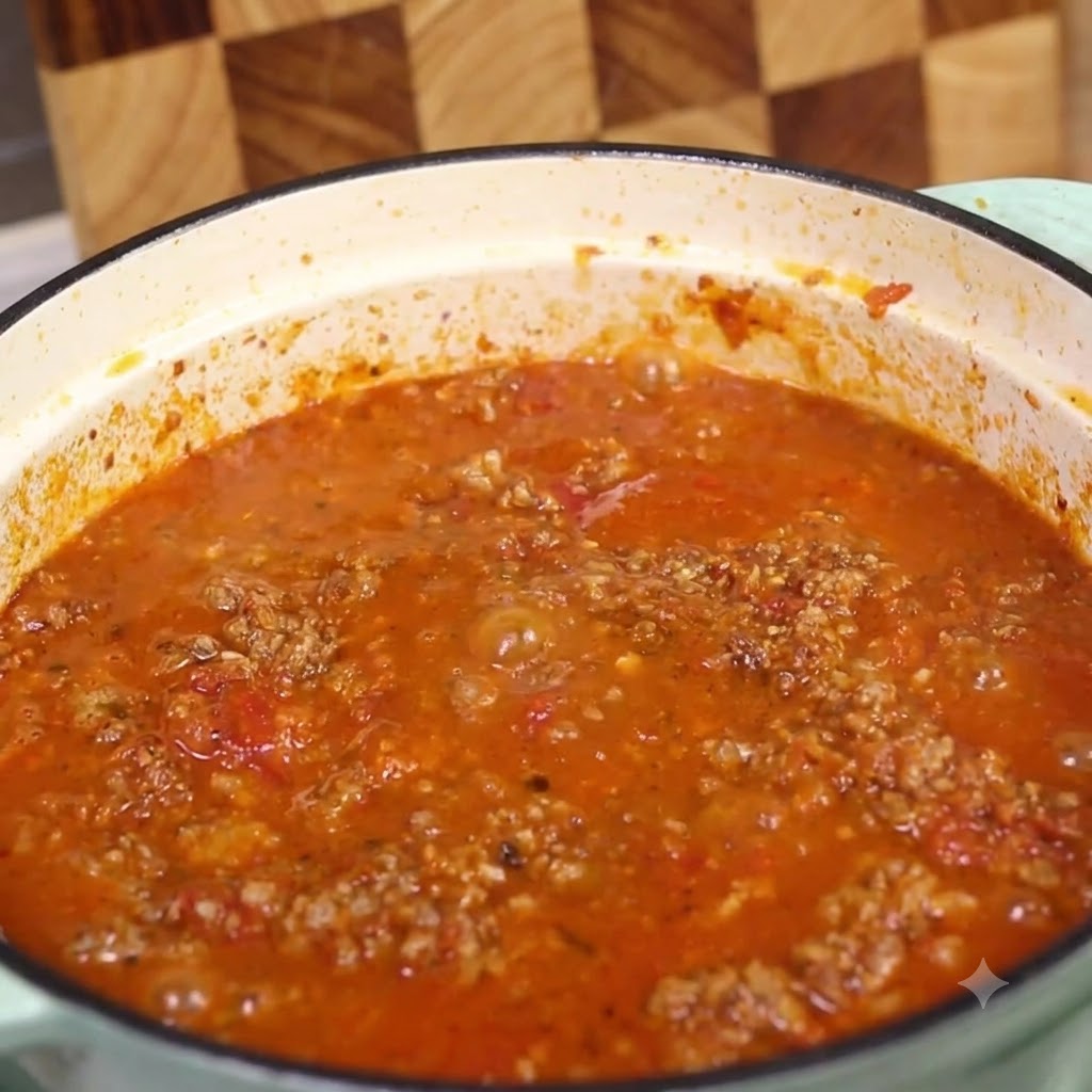 Le mélange de sauce mijotant dans la marmite après lajout des assaisonnements et du liquide.