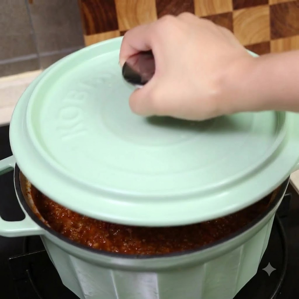 Une main plaçant un couvercle vert clair sur la marmite remplie de sauce.