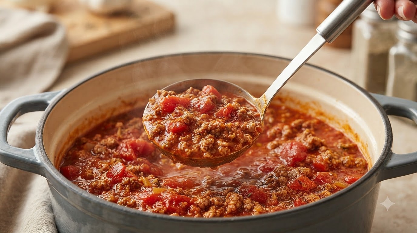 Une louche en métal puisant de la sauce bolognaise épaisse et riche dans une marmite frémissante.
