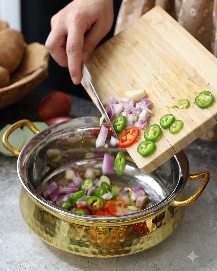 Tranches de jalapeños et oignons rouges versés dune planche à découper en bois dans une casserole en métal avec de lhuile chaude.