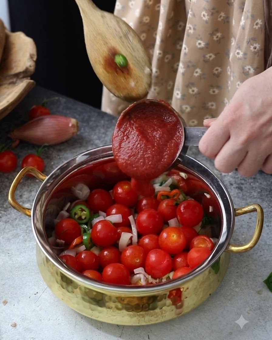 Coulis de tomates versé dune tasse à mesurer dans une casserole remplie de tomates cerises et de légumes sautés.