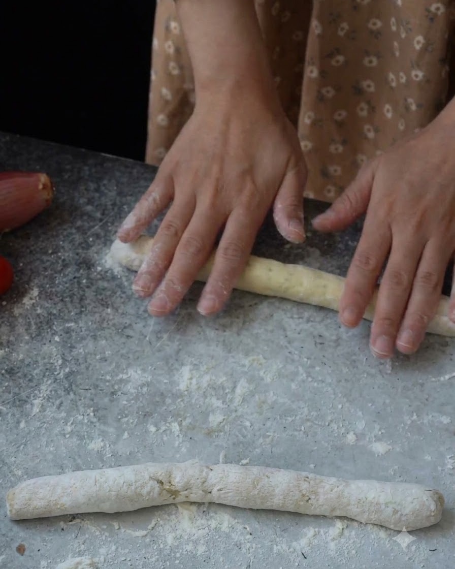 Mains façonnant un morceau de pâte à gnocchi en un long boudin sur une surface grise farinée.