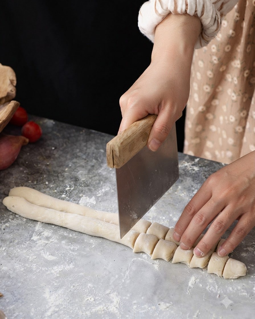 Racloir à pâte en métal coupant un boudin de pâte roulé en petits morceaux uniformes sur une surface farinée.