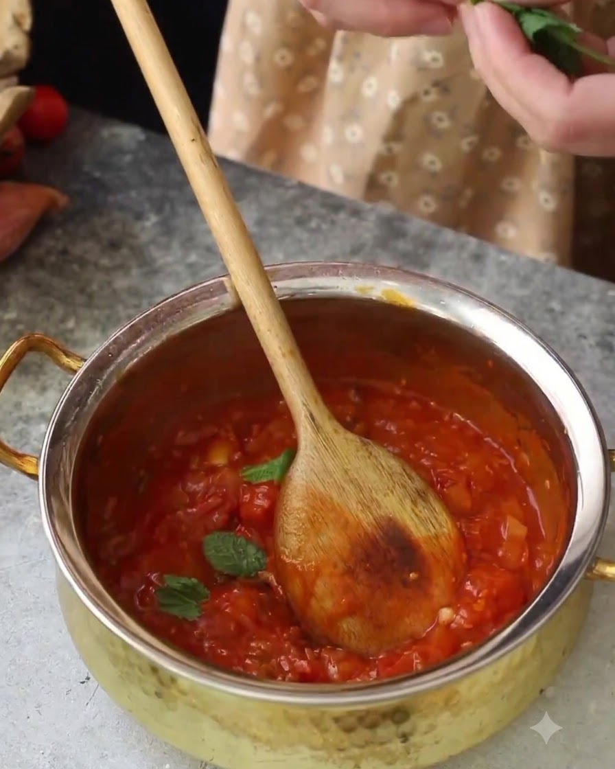 Cuillère en bois remuant une sauce tomate rouge mijotante dans une casserole pendant quon y ajoute des feuilles de basilic frais.