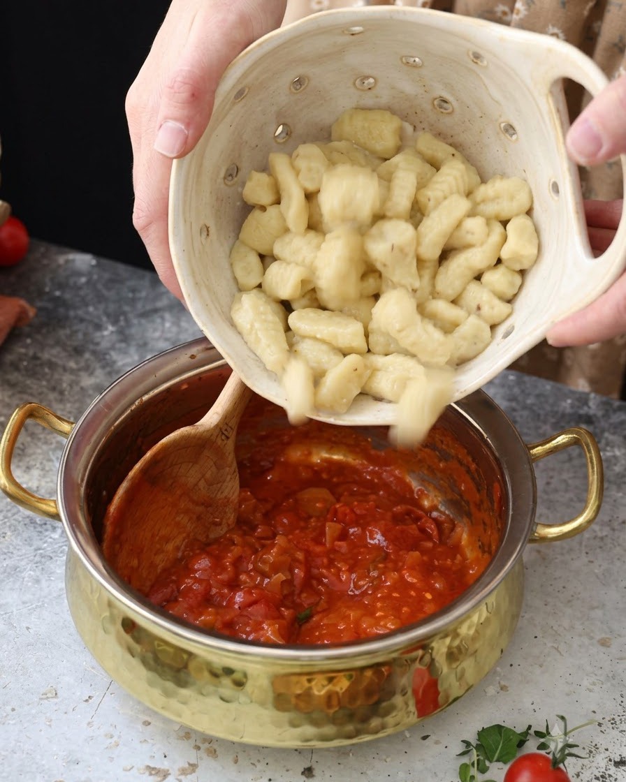 Gnocchi bouillis versés dune écumoire en céramique dans une casserole de sauce tomate rouge.