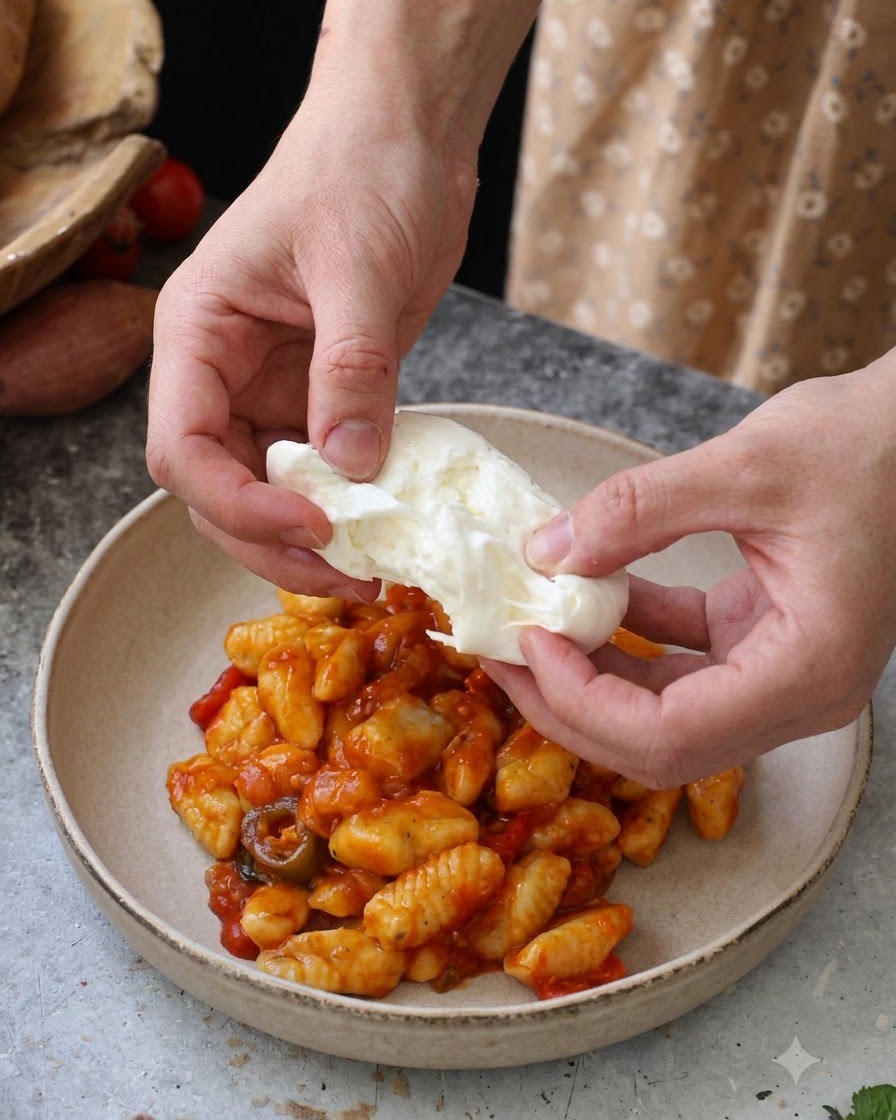 Mains déchirant de la burrata blanche fraîche au-dessus dune assiette de gnocchi en sauce tomate.