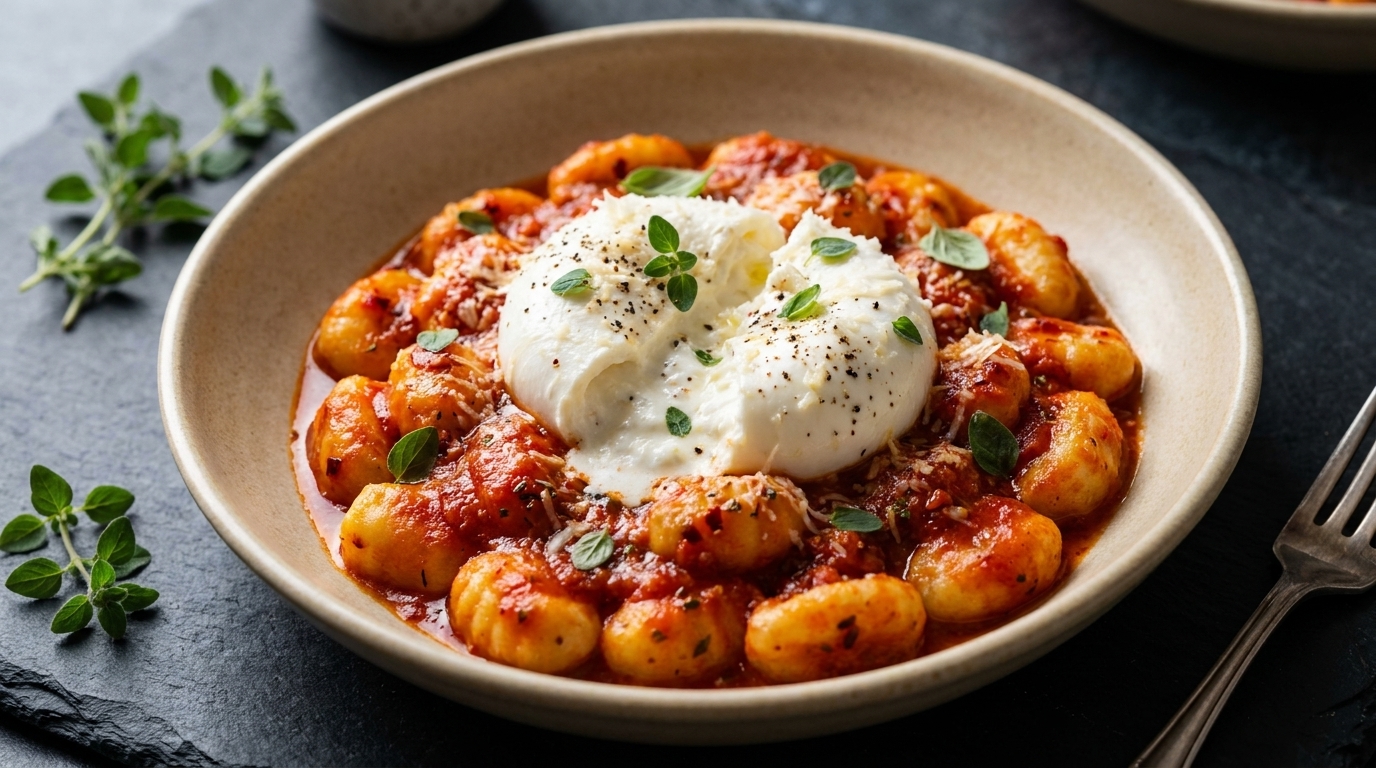 Gnocchi de Pomme de Terre Maison à la Tomate Épicée et Burrata