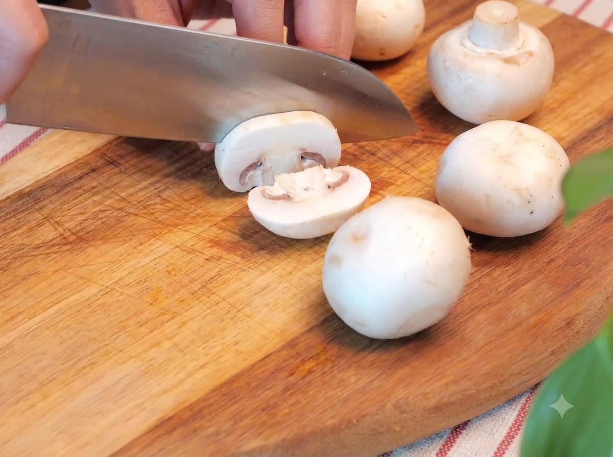 Un couteau de cuisine coupant des champignons de Paris sur une planche à découper en bois aux côtés de boulettes de bœuf et de tomates cerises coupées en deux.