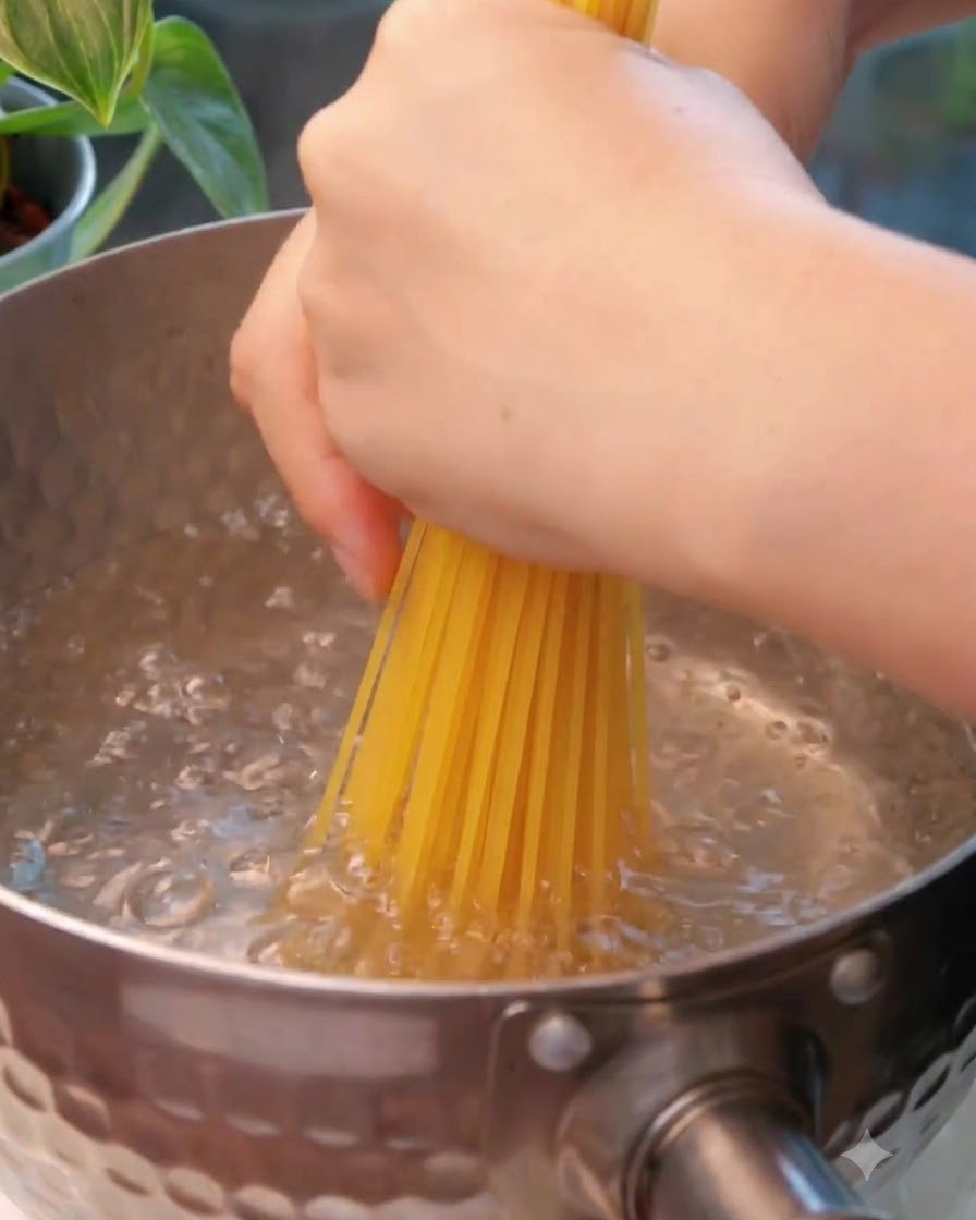 Des mains tenant un paquet de spaghetti secs et les plongeant dans une casserole deau bouillante frémissante.