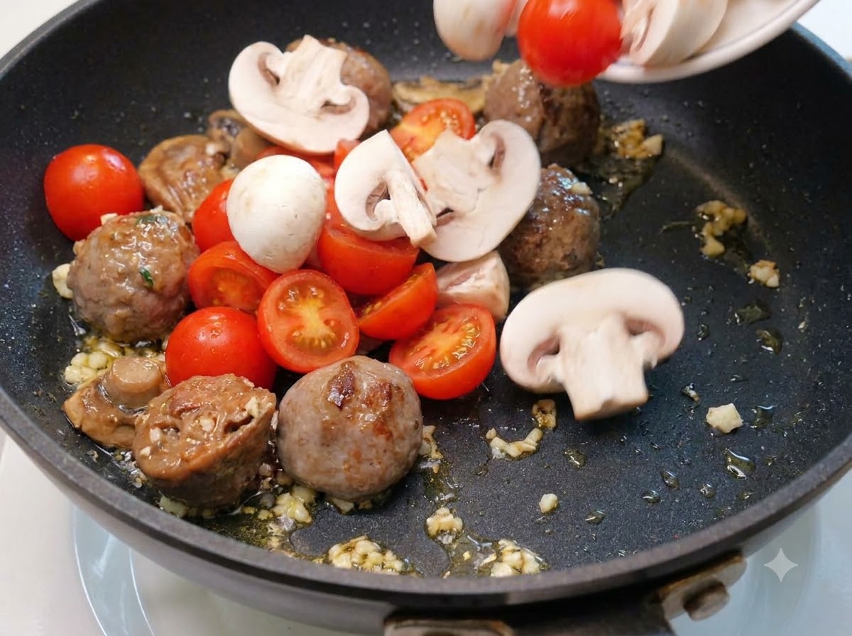 Des tomates cerises et des champignons tranchés jetés dans la poêle avec les boulettes de bœuf et lail.