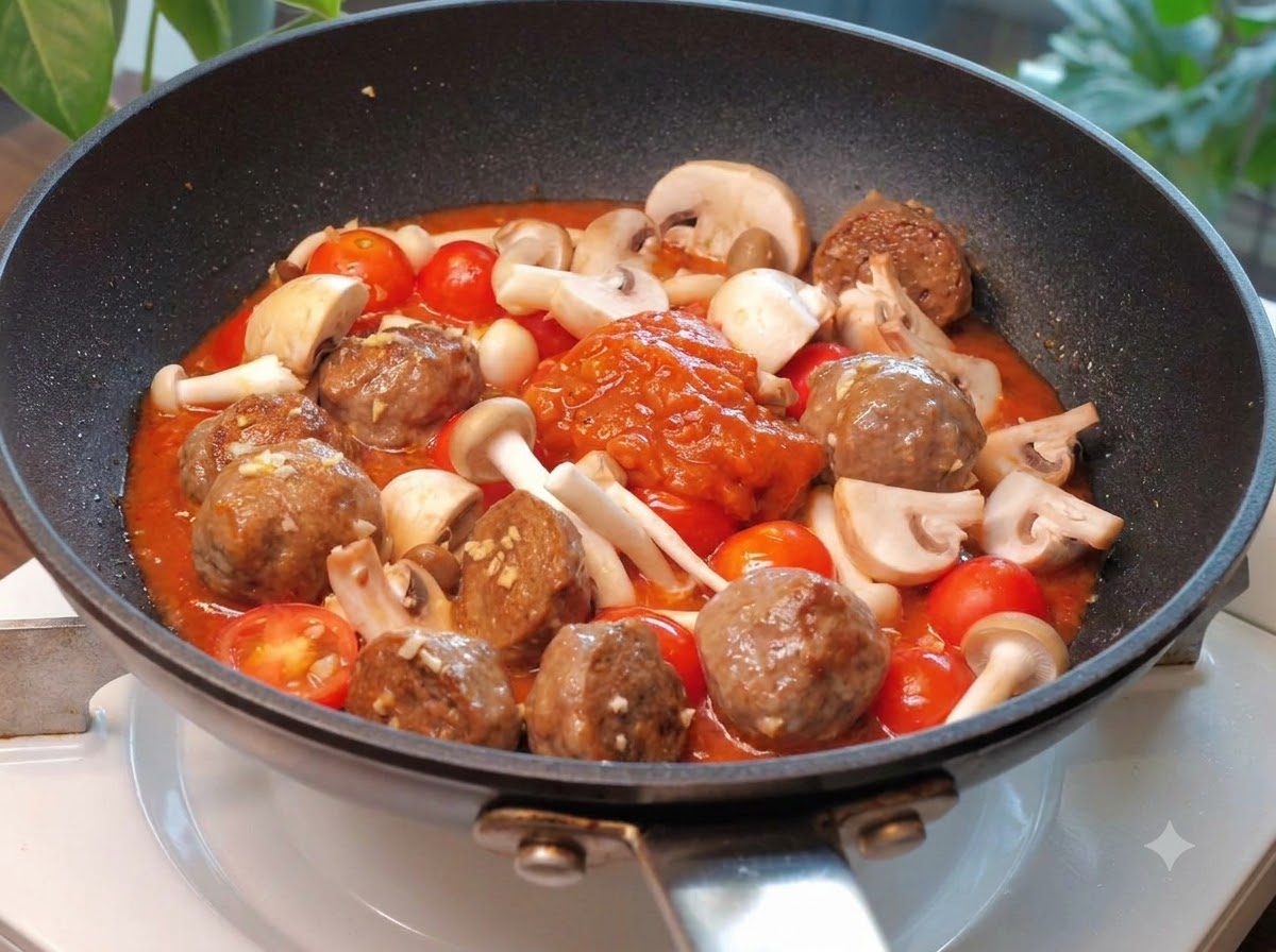 De la sauce rouge pour pâtes versée à partir dun sachet dans une poêle contenant des boulettes de bœuf, des champignons et des tomates.