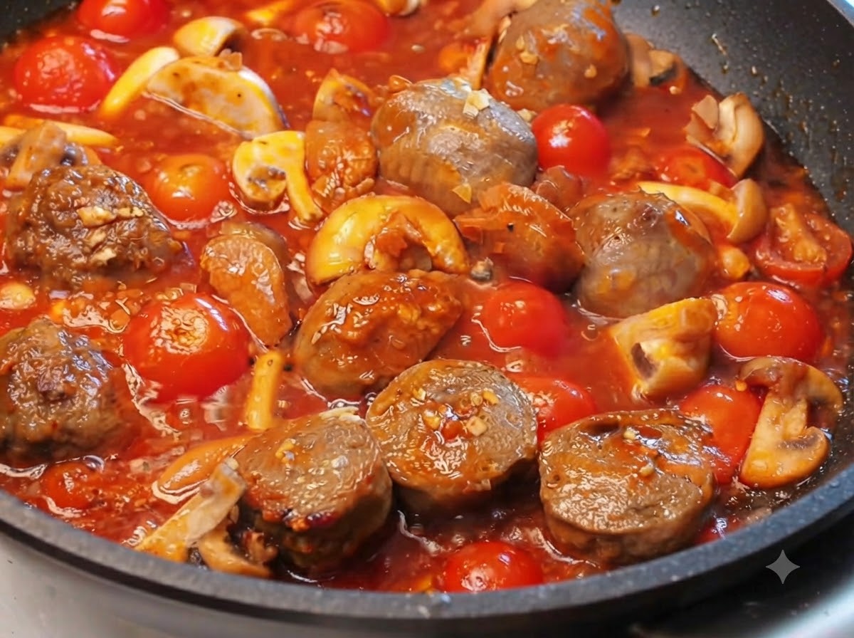 Des nouilles spaghetti bouillies incorporées dans une poêle remplie de sauce tomate riche, de champignons et de boulettes de bœuf.