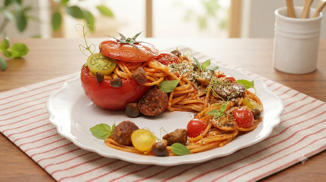 Spaghetti aux boulettes de bœuf dans une tomate rôtie