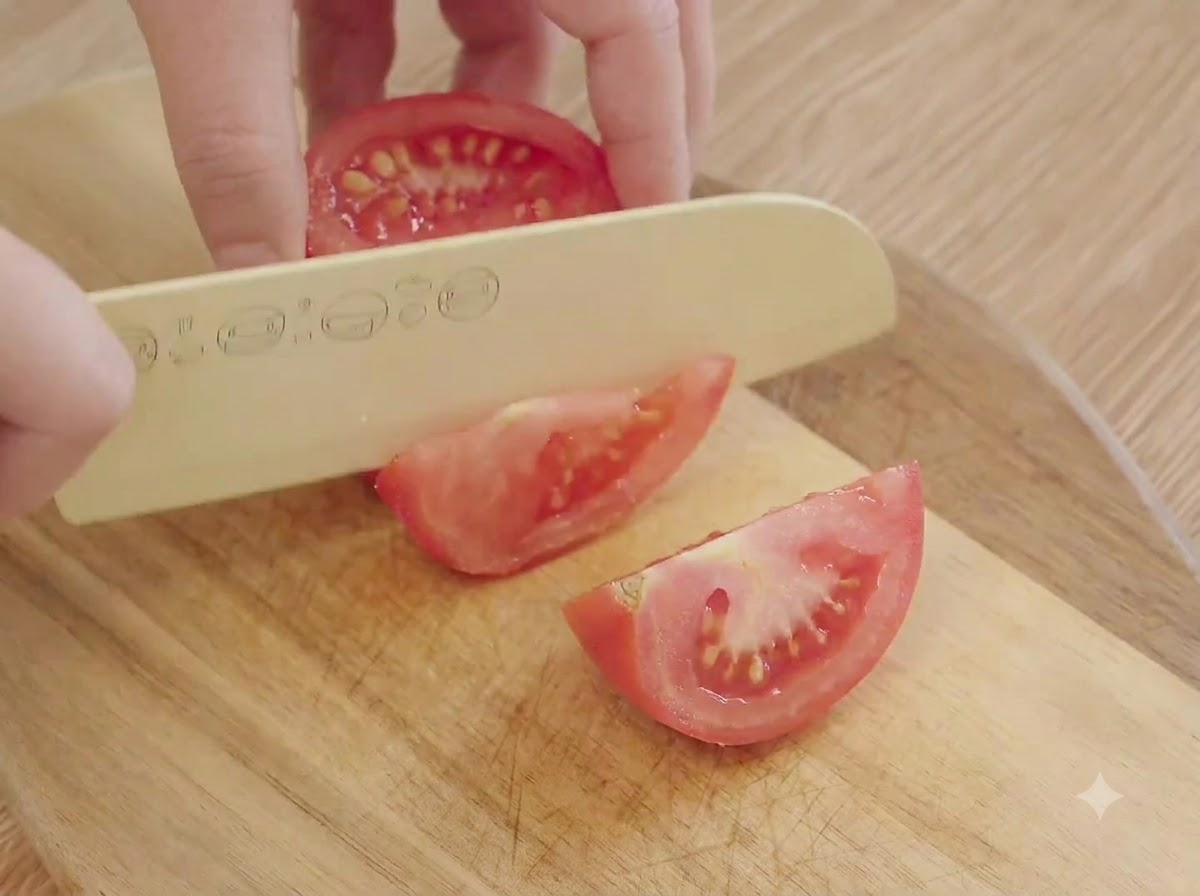 Des tomates rouges fraîches coupées en petits morceaux à laide dun couteau sur une planche en bois.