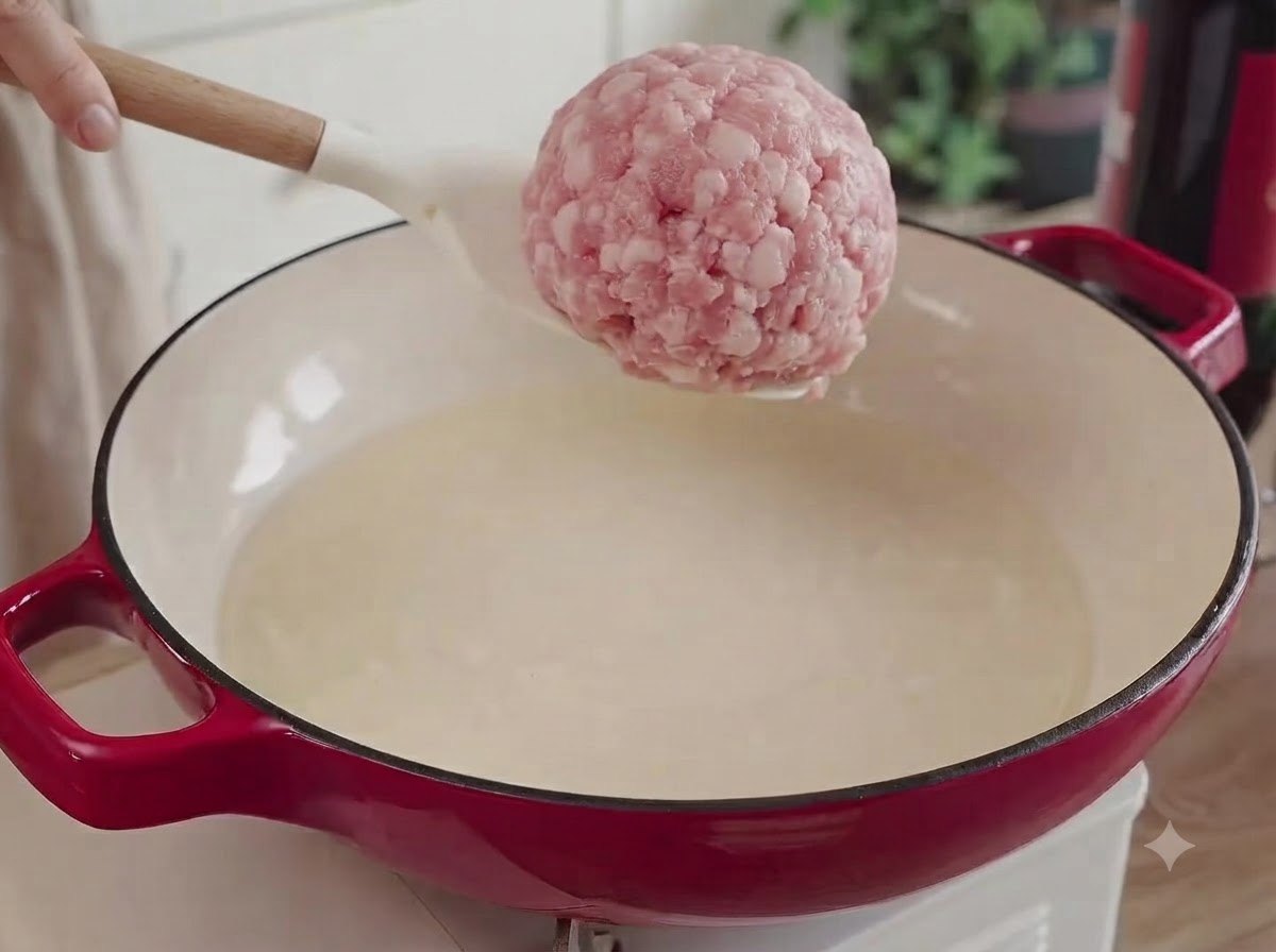 Bœuf et porc hachés ajoutés dans une cocotte rouge chauffée avec de lhuile et remués à feu vif.
