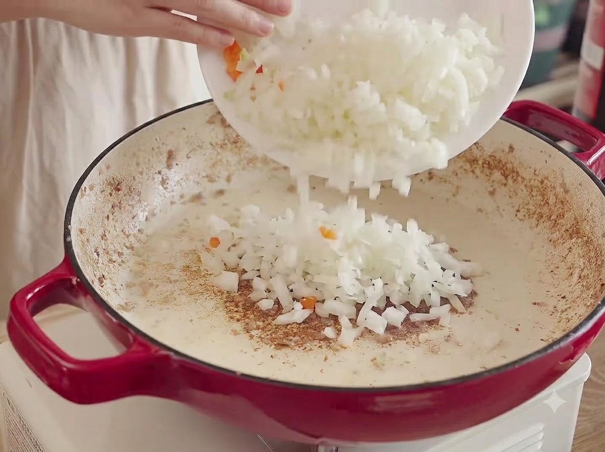 Oignons, carottes et céleri en dés versés dune assiette blanche dans la cocotte chauffée pour être sautés.