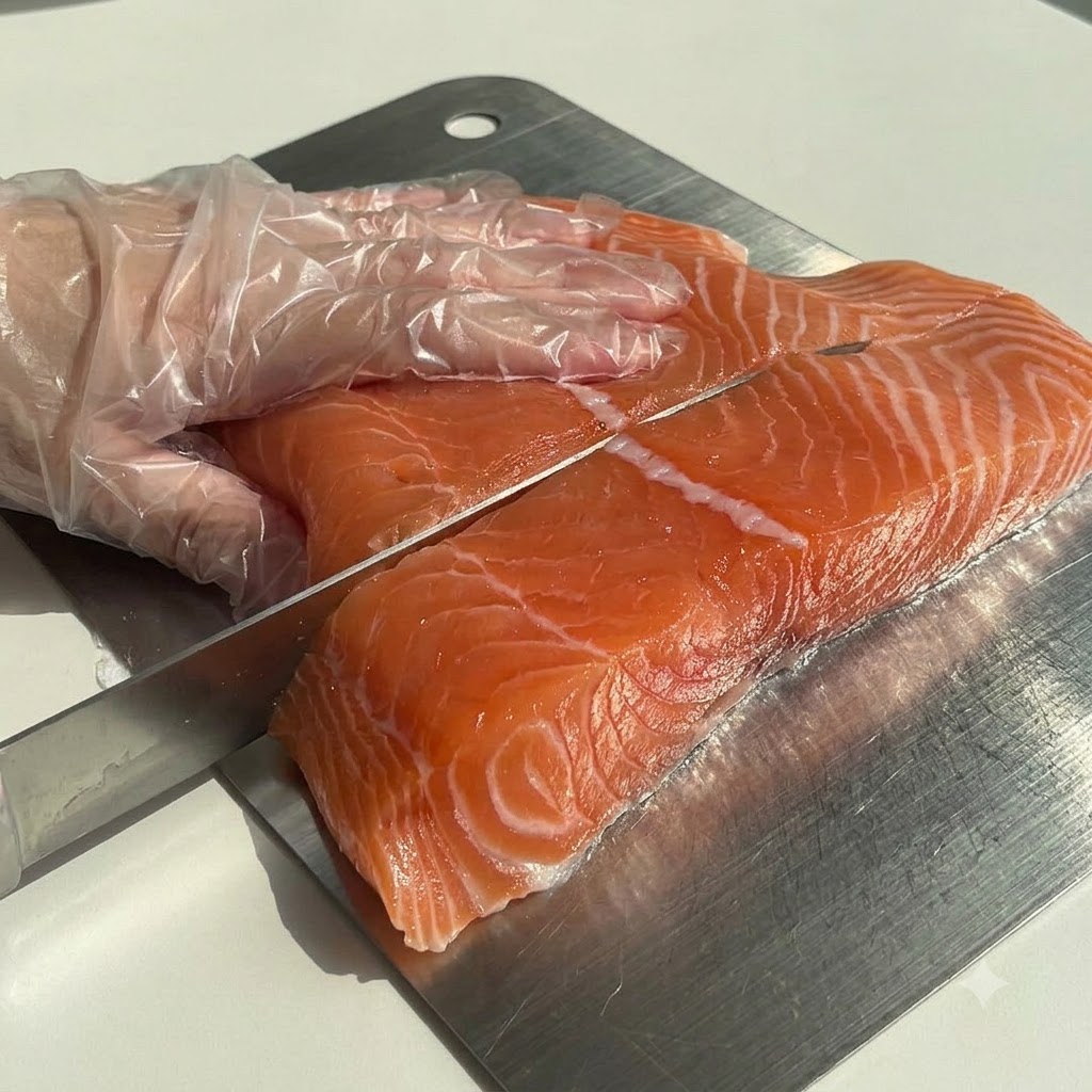 Pavé de saumon coupé en morceaux sur une planche à découper en métal, avec du poivre noir saupoudré et frotté uniformément sur le poisson.