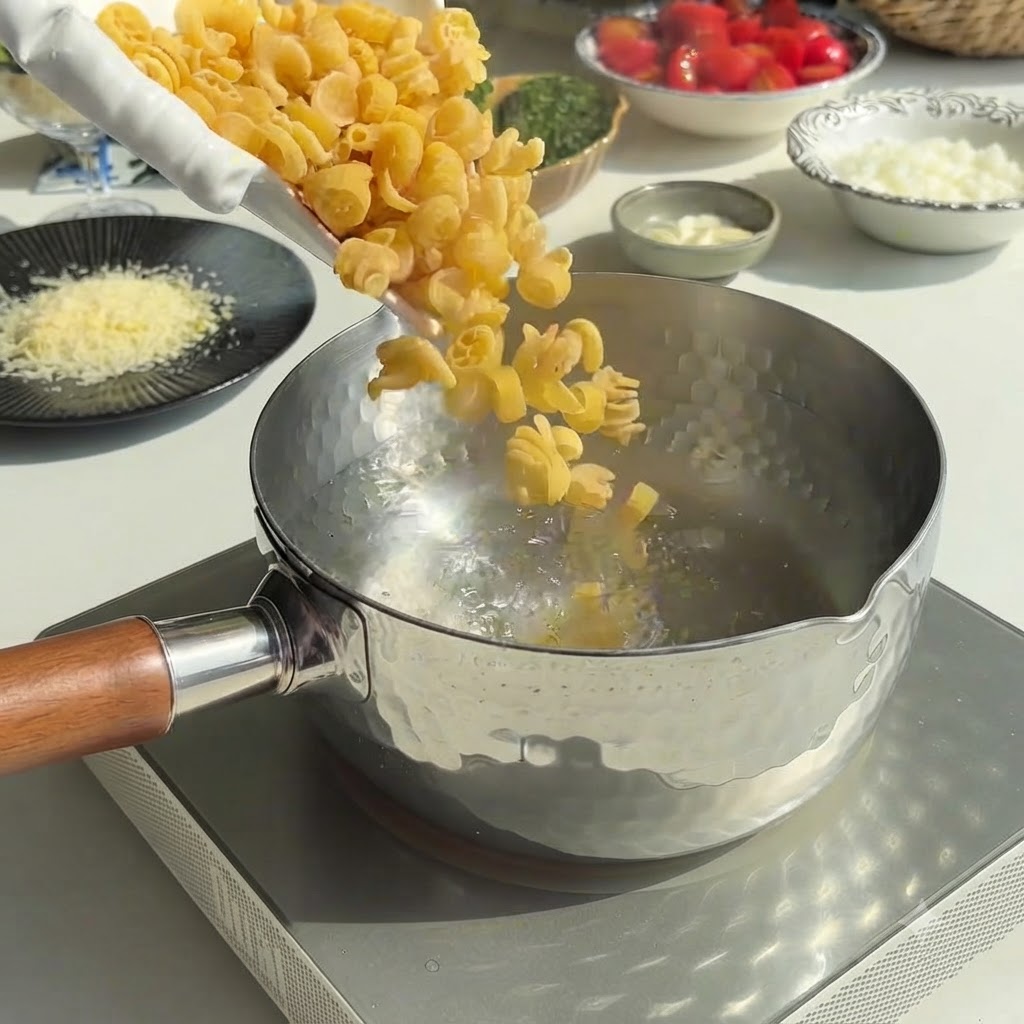 Pâtes en train de bouillir dans une casserole deau frémissante sur une cuisinière.
