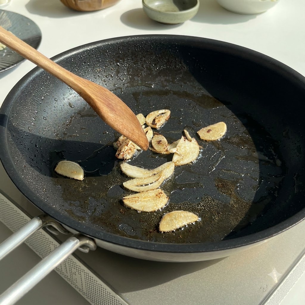 Ail émincé et oignons hachés en train de suer dans une poêle à laide dune spatule en bois.