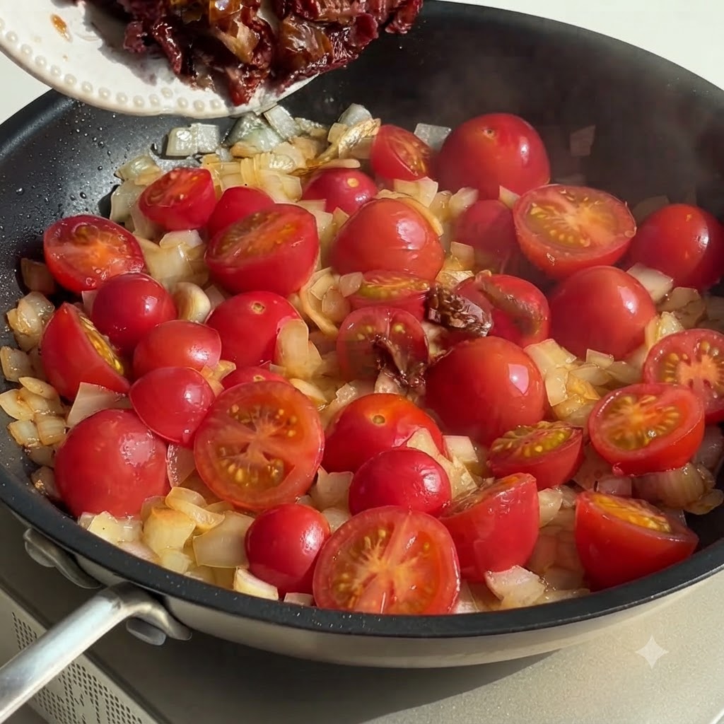 Tomates séchées ajoutées à laide dune pince dans la poêle avec les tomates et les oignons.