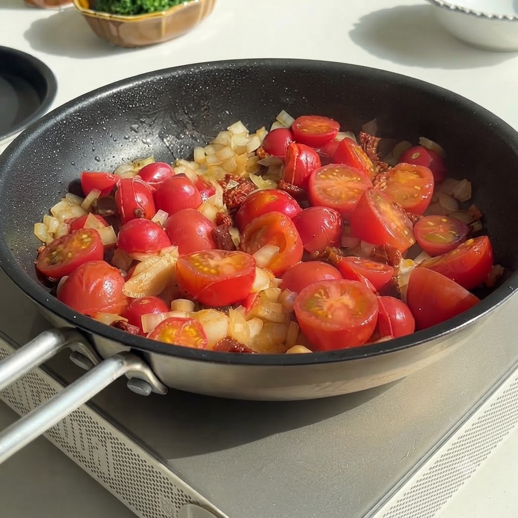 Eau versée à partir dun récipient dans une poêle remplie de tomates cerises coupées en deux et doignons hachés.