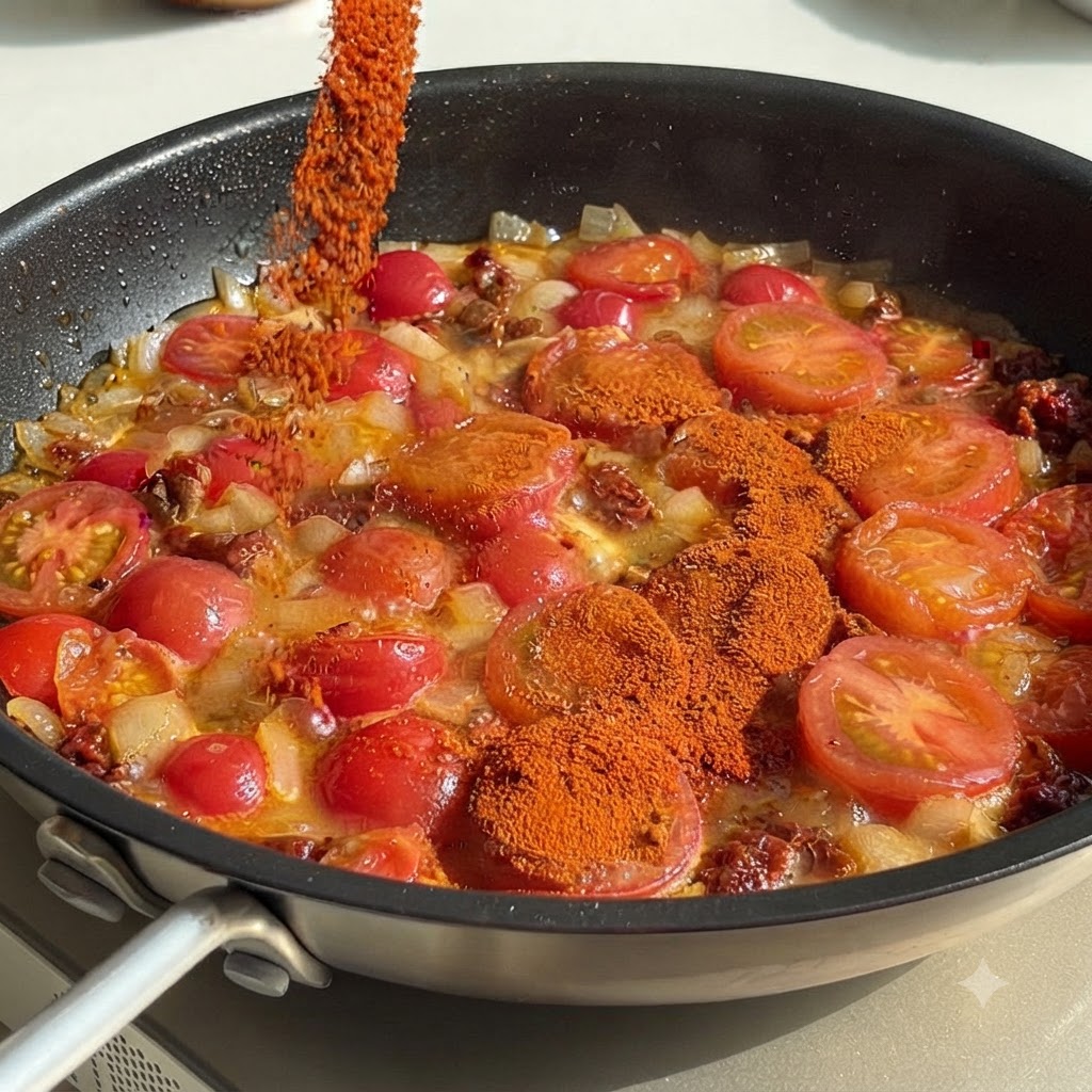 Piment en poudre versé dun contenant dans une poêle frémissante de tomates et doignons.