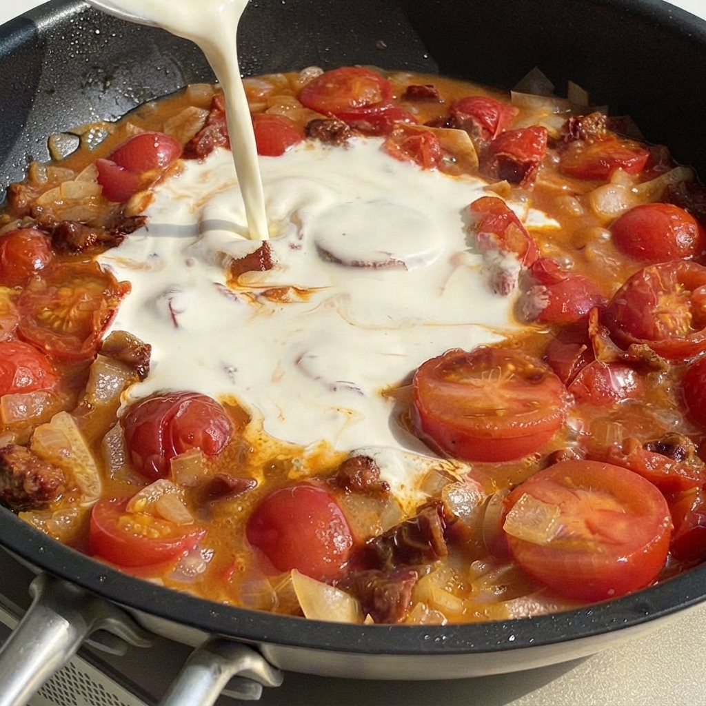 Crème entière versée dune brique au centre dune poêle de tomates et de légumes frémissants.