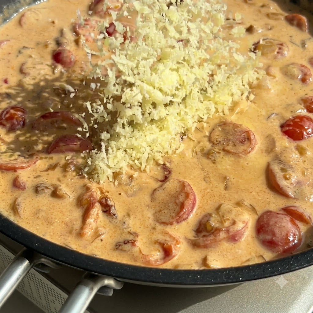 Fromage parmesan râpé saupoudré sur une sauce crémeuse orange dans une poêle, avec une spatule en bois à proximité.