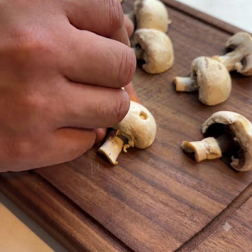 Une main utilisant un petit outil pour sculpter des traits de visage sur un champignon de Paris blanc sur une planche en bois.
