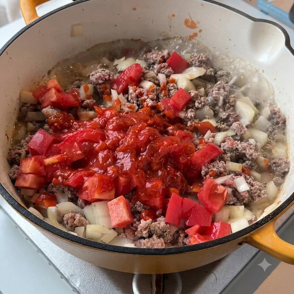 Des tomates rouges en dés et une sauce pour pâtes rouge vif versées sur le bœuf et les oignons dorés dans une poêle.