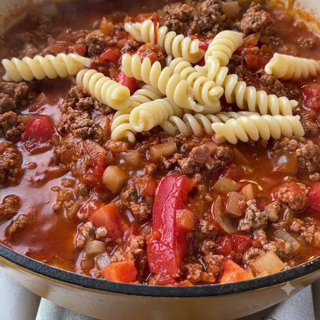 Des pâtes fusilli en spirale cuites reposant sur le dessus dune sauce riche et rouge de viande et de tomates frémissante.