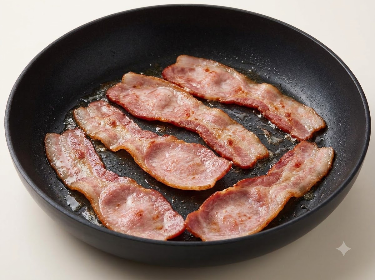 Des lanières de bacon en train de frire et de grésiller dans une poêle noire.