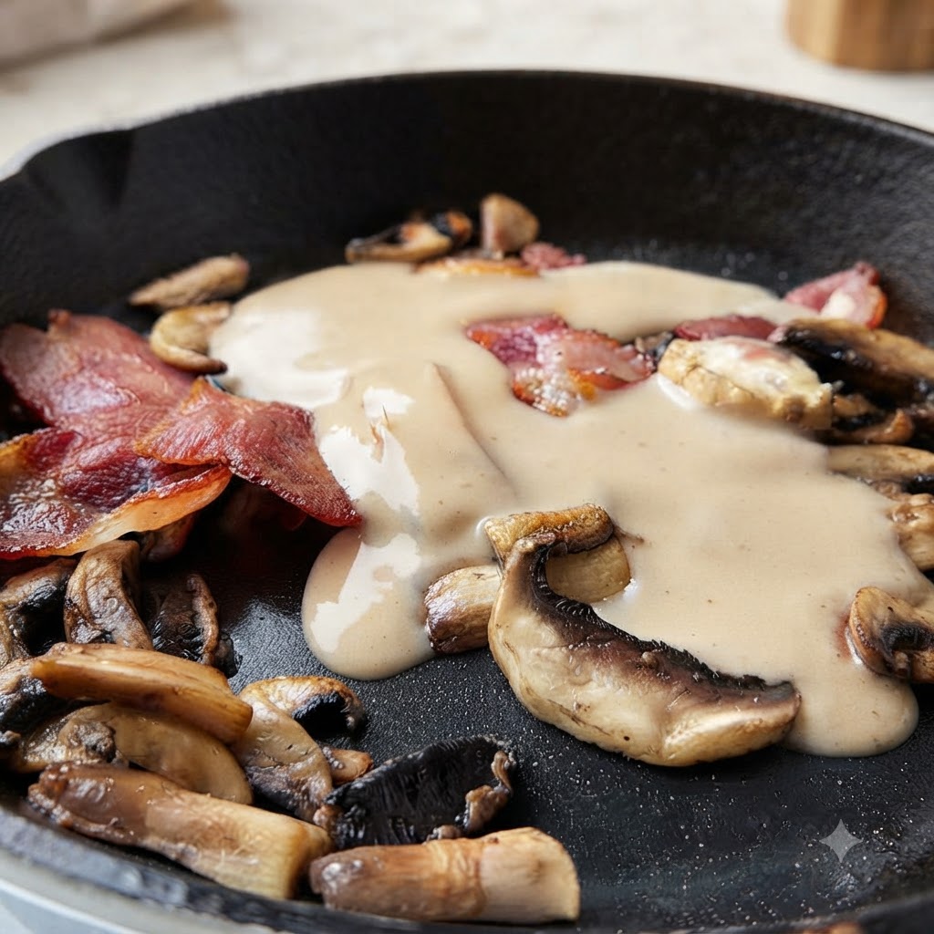 De la soupe crémeuse aux champignons versée dans une poêle avec du bacon cuit et des champignons.