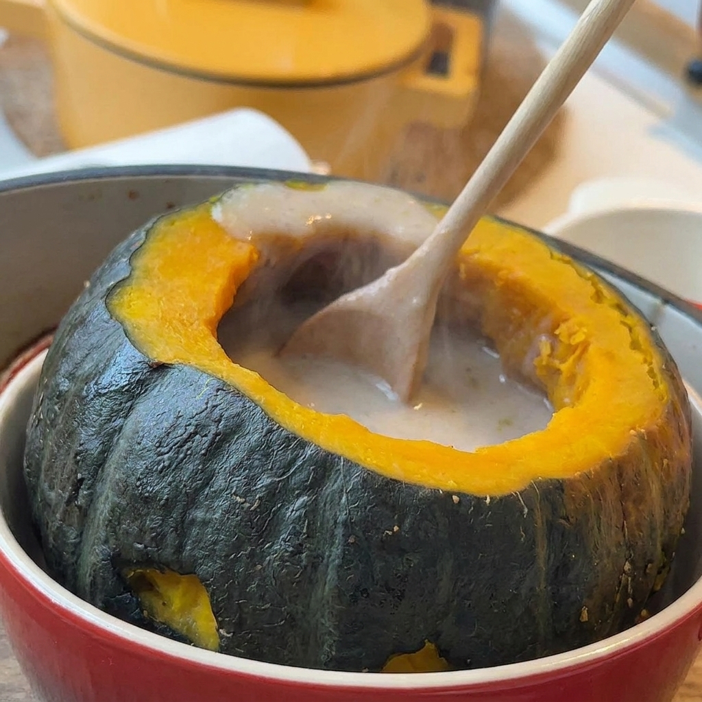 De la soupe crémeuse chaude versée à la louche dans un récipient en mini citrouille sculptée.